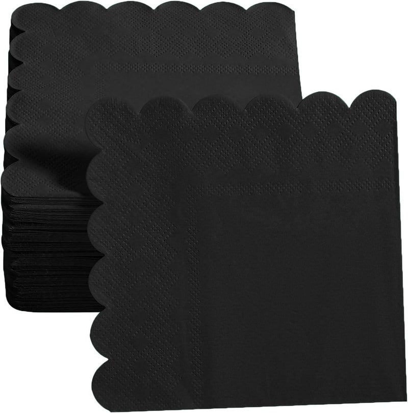 BEFORYOU 100 Pack Cocktail Napkin 2-Ply Scalloped Edged Dessert Napkins Folded 5 x 5 Inches Disposable Napkins for Dinner Wedding Birthday Party Bridal Anniversary Reception Event (Black) - Image 4